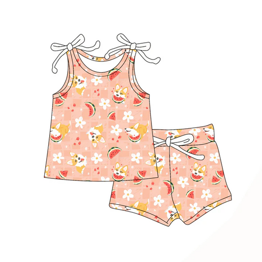 4.19 Preorder moq 5 Baby Girls Bows Sleeveless Dogs Watermelon Top Short Set