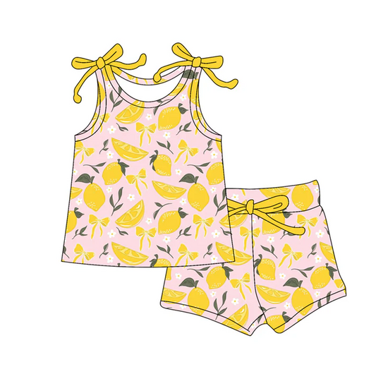 4.19 Preorder moq 5 Baby Girls Bows Sleeveless Bows Lemons Top Short Set