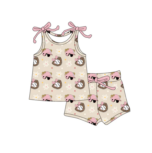 4.19 Preorder moq 5 Baby Girls Bows Sleeveless Baseball Hats Top Short Set
