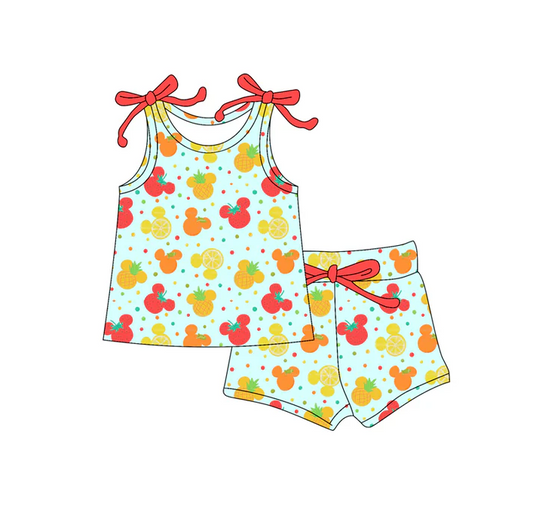 4.19 Preorder moq 5 Baby Girls Bows Sleeveless Cartoon Mouse Lemons Top Short Set