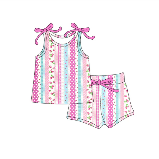 4.19 Preorder moq 5 Baby Girls Bows Sleeveless Pink Stripe Strawberry Top Short Set