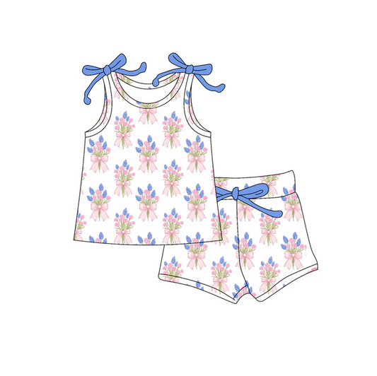 4.19 Preorder moq 5 Baby Girls Bows Sleeveless Pink Blue Flowers Plaid Top Short Set