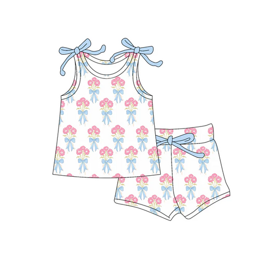 4.19 Preorder moq 5 Baby Girls Bows Sleeveless Pink Flowers Plaid Top Short Set