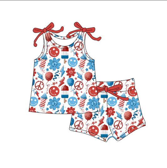 4.19 Preorder moq 5 Baby Girls Bows Sleeveless Blue Red Balloon Flowers Top Short 4th Of July Set