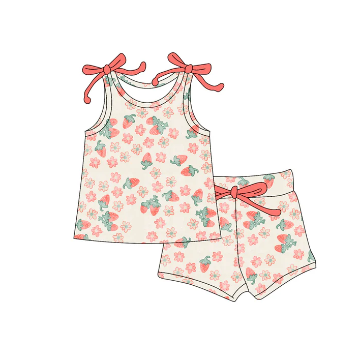 4.19 Preorder moq 5 Baby Girls Bows Sleeveless Strawberry Flowers Top Short Set