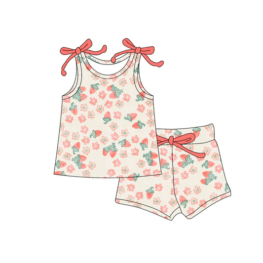 4.19 Preorder moq 5 Baby Girls Bows Sleeveless Strawberry Flowers Top Short Set