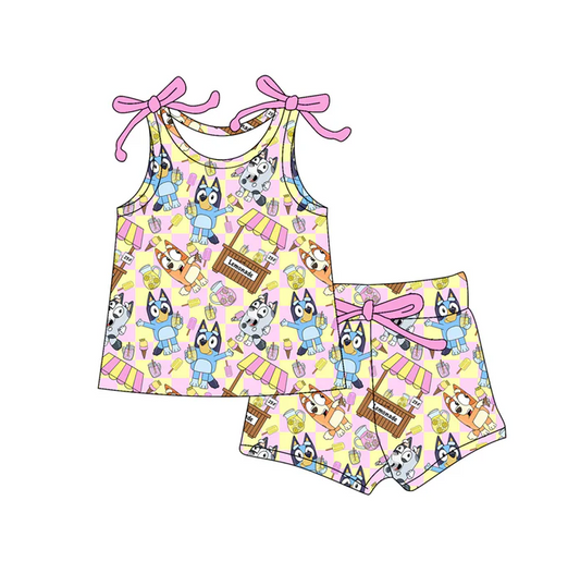 4.19 Preorder moq 5 Baby Girls Bows Sleeveless Cartoon Dogs Ice Cream Truck Top Short Set