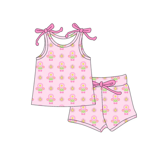 4.19 Preorder moq 5 Baby Girls Bows Sleeveless Flowers Plaid Top Short Set