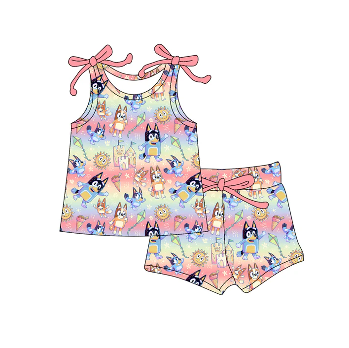 4.19 Preorder moq 5 Baby Girls Bows Sleeveless Cartoon Dogs Suns Top Short Set