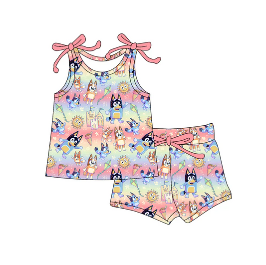 4.19 Preorder moq 5 Baby Girls Bows Sleeveless Cartoon Dogs Suns Top Short Set
