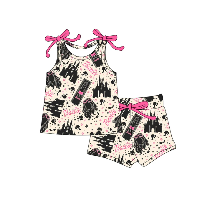 4.19 Preorder moq 5 Baby Girls Bows Sleeveless Cartoon Dolls Castle Top Short Set