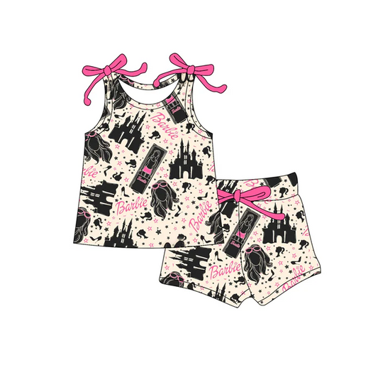 4.19 Preorder moq 5 Baby Girls Bows Sleeveless Cartoon Dolls Castle Top Short Set