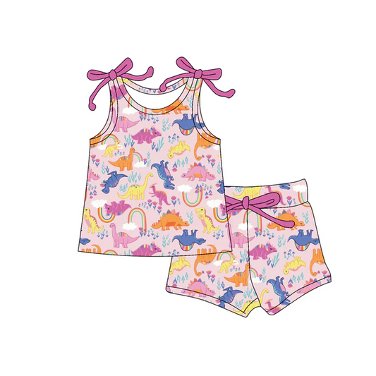 4.19 Preorder moq 5 Baby Girls Bows Sleeveless Dinosaurs Rainbow Top Short Set