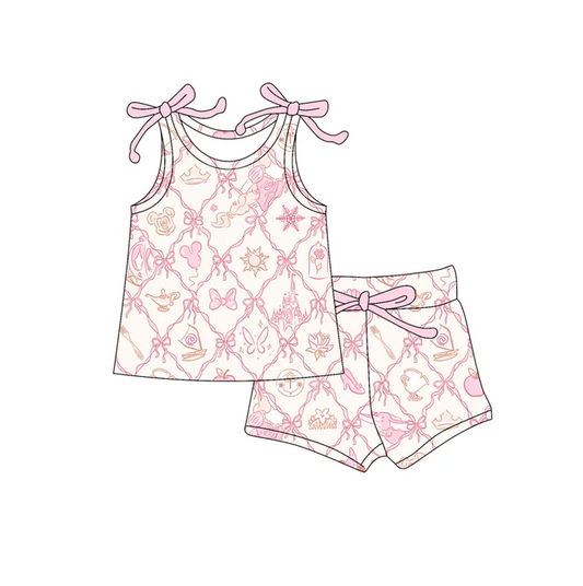 4.19 Preorder moq 5 Baby Girls Bows Sleeveless Cartoon Mouse Bows Top Short Set