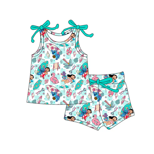4.19 Preorder moq 5 Baby Girls Bows Sleeveless Cartoon Bunny Beach Top Short Set