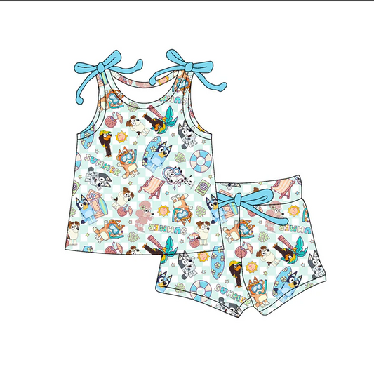 4.19 Preorder moq 5 Baby Girls Bows Sleeveless Cartoon Dogs Beach Top Short Set