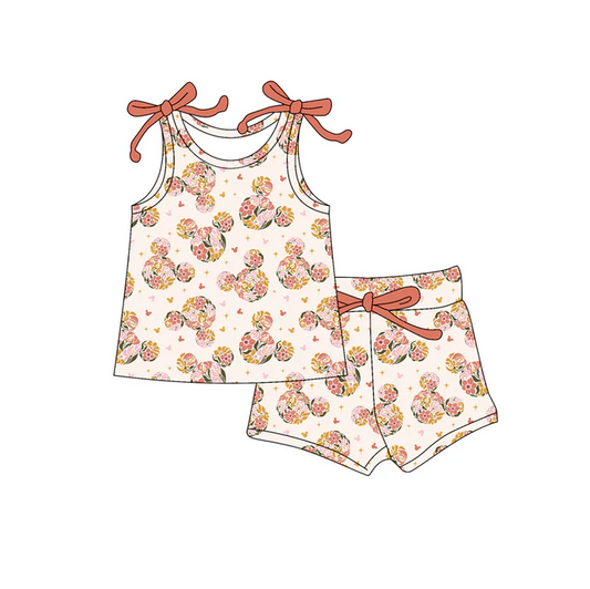 4.19 Preorder moq 5 Baby Girls Bows Sleeveless Cartoon Mouse Floral Top Short Set