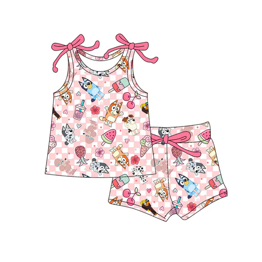 4.19 Preorder moq 5 Baby Girls Bows Sleeveless Cartoon Dogs Popsicle Top Short Set