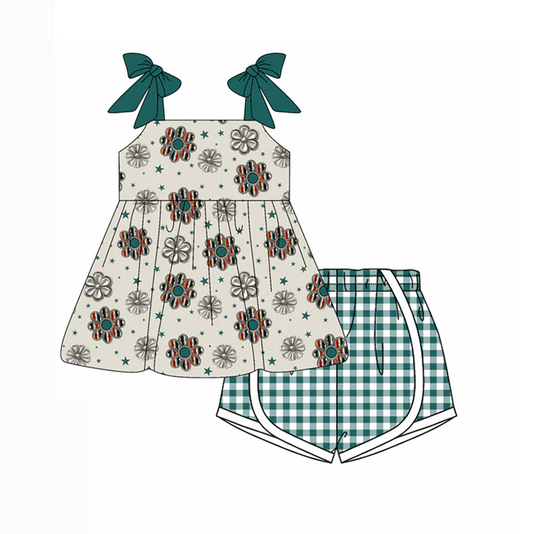 4.21 Preorder moq 5 Baby Girls Dark Green Strap Stars Turquoise Tunic Plaid Shorts Set