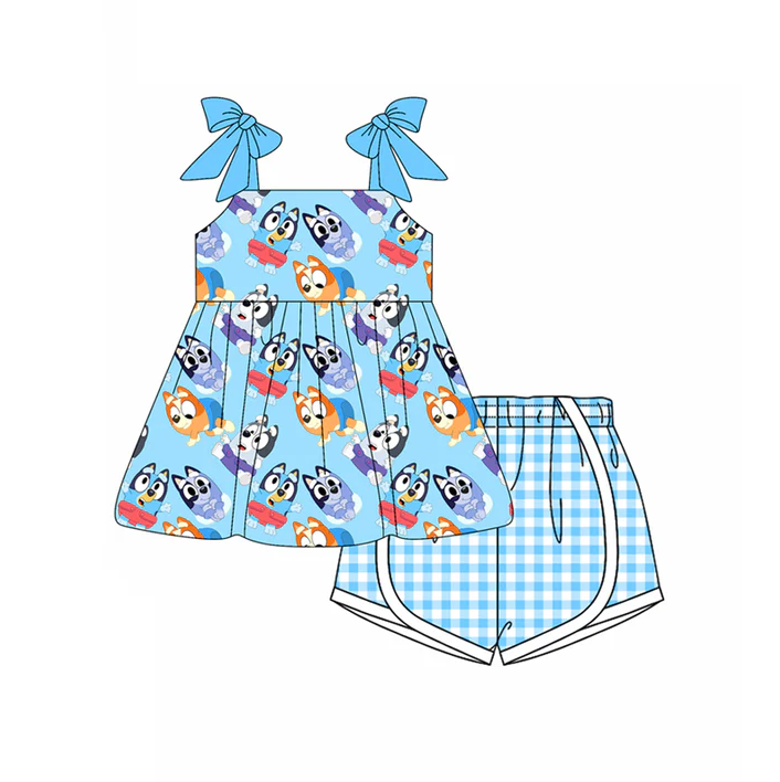 4.21 Preorder moq 5 Baby Girls Blue Strap Cartoon Dogs Tunic Plaid Shorts Set