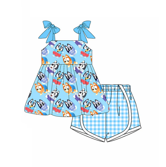 4.21 Preorder moq 5 Baby Girls Blue Strap Cartoon Dogs Tunic Plaid Shorts Set