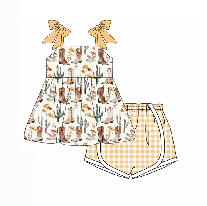 4.21 Preorder moq 5 Baby Girls Orange Strap Boots Cactus Tunic Plaid Shorts Set