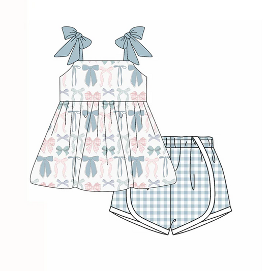 4.21 Preorder moq 5 Baby Girls Gray Strap Pink Bows Tunic Plaid Shorts Set