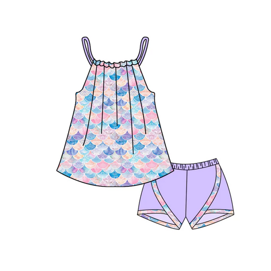 4.21 Preorder moq 5 Baby Girls Lavender Strap Mermaid Shell Tunic Ruffle Shorts Set