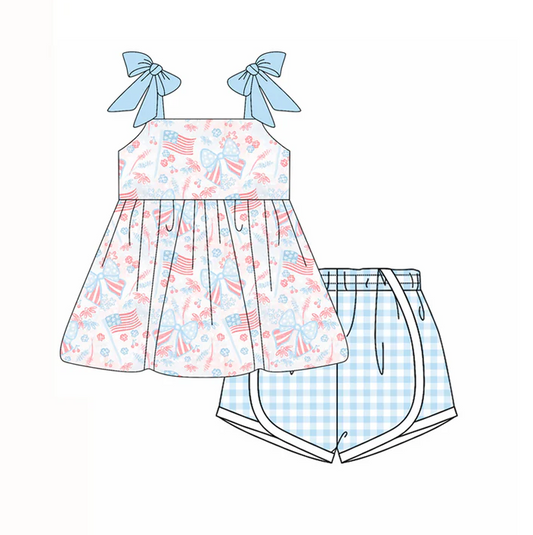 4.21 Preorder moq 5 Baby Girls Blue Strap Bows Flags Tunic Plaid Short 4th Of July Set
