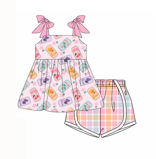 4.21 Preorder moq 5 Baby Girls Pink Strap Flowers Juice Tunic Plaid Short Set