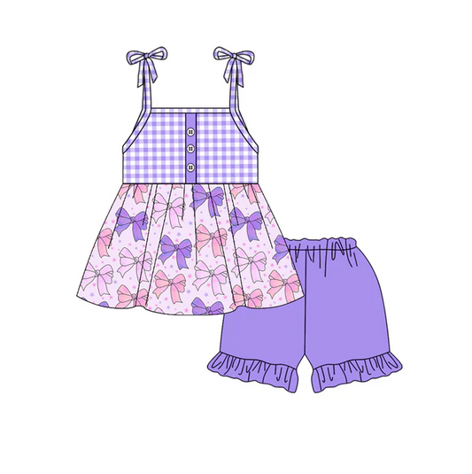 4.21 Preorder moq 5 Baby Girls Strap Lavender Plaid Button Bows Stars Tunic Ruffle Short Set