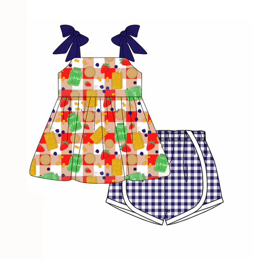 4.21 Preorder moq 5 Baby Girls Purple Strap Juice Strawberry Tunic Plaid Short Set