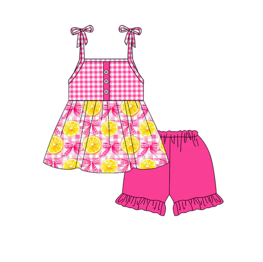 4.21 Preorder moq 5 Baby Girls Strap Pink Plaid Button Lemons Bows Tunic Ruffle Short Set