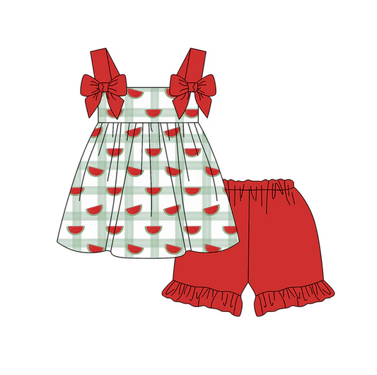 4.21 Preorder moq 5 Baby Girls Red Strap Watermelon Tunic Ruffle Short Set