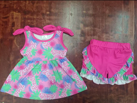 4.21 Preorder moq 5 Baby Girls Pink Bows Sleeveless Cartoon Dolls Flowers Tunic Pockets Ruffle Short Set