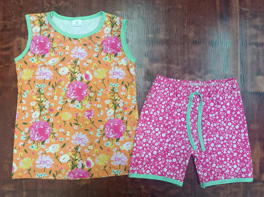 4.21 Preorder moq 5 Baby Girls Sleeveless Orange Pink Flowers Top Short Set