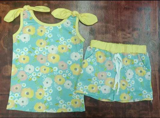 4.21 Preorder moq 5 Baby Girls Yellow Bows Sleeveless Flowers Top Pockets Short Set