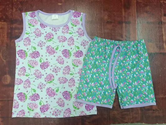4.21 Preorder moq 5 Baby Girls Sleeveless Lavender Floral Top Green Shorts Set