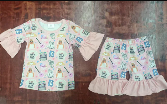 4.21 Preorder moq 5 Baby Girls Short Ruffle Sleeves Singers Guitars Top Short Pajamas Set