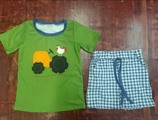 4.21 Preorder moq 5 Baby Boys Green Short Sleeves Truck Chick Top Blue Plaid Pockets Short Set