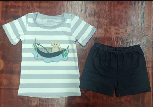 4.21 Preorder moq 5 Baby Boys Gray Stripe Short Sleeves Boat Dog Top Black Short Set