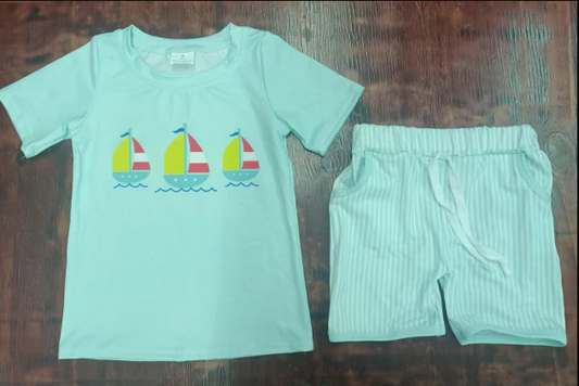 4.21 Preorder moq 5 Baby Boys Aqua Short Sleeves Boats Top Stripe Pockets Short Set