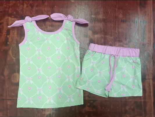4.21 Preorder moq 5 Baby Girls Lavender Bows Sleeveless Flowers Plaid Top Pockets Short Set