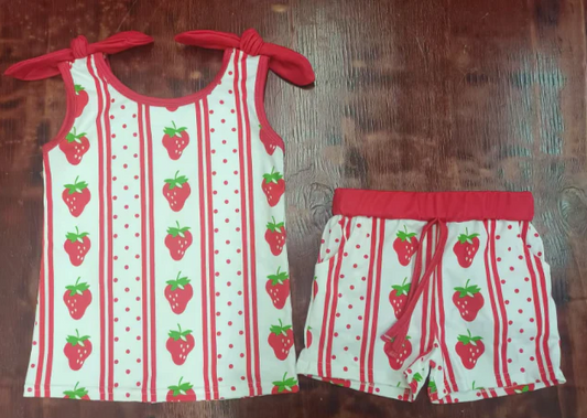 4.21 Preorder moq 5 Baby Girls Red Bows Sleeveless Strawberry Stripe Top Pockets Short Set