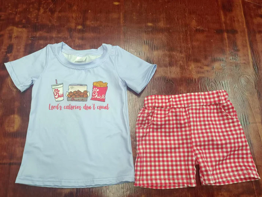 4.21 Preorder moq 5 Baby Boys Blue Short Sleeves Chicken Chip Top Red Plaid Short Set