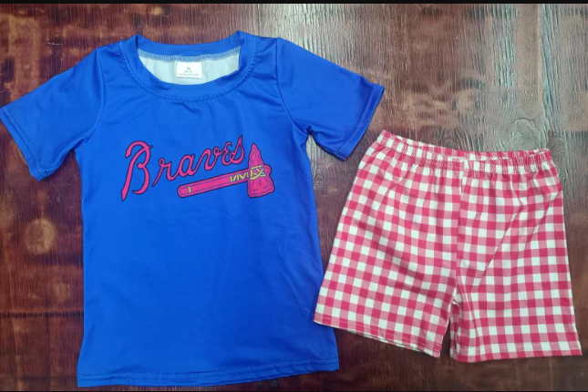 4.21 Preorder moq 5 Baby Girls Hot Blue Short Sleeves Bnaver Top Red Plaid Short Set