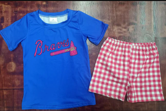 4.21 Preorder moq 5 Baby Girls Hot Blue Short Sleeves Bnaver Top Red Plaid Short Set