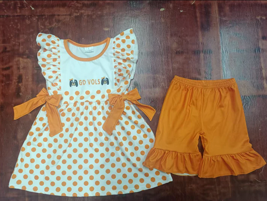 4.21 Preorder moq 5 Baby Girls Flutter Sleeves Orange Polka Dots Go Vols Bows Tunic Ruffle Short Set
