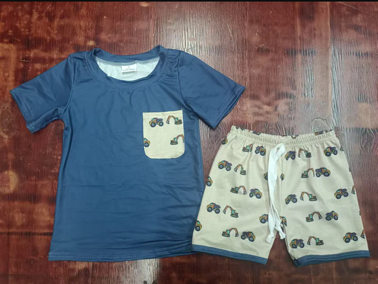 4.21 Preorder moq 5 Baby Boys Navy Short Sleeves Pocket Top Excavators Short Set