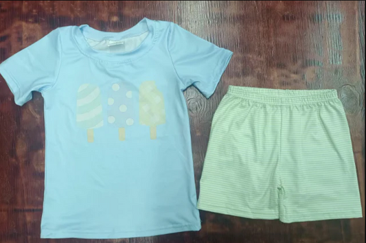 4.21 Preorder moq 5 Baby Boys Blue Short Sleeves Popsicle Top Aqua Stripe Short Set